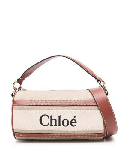 Chloé Brown Tube Linen Shoulder Bag In White - Brown 1