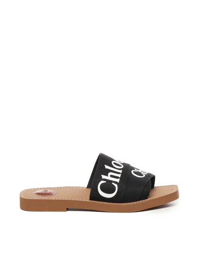 CHLOÉ CHLOÈ WOODY BLACK LINEN FLAT SLIDES