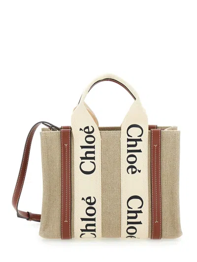 Chloé Woody Brown Tote Bag With Branded Ribbons In Canvas And Leather Woman In Neutral