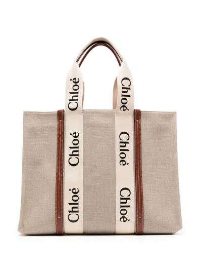 Chloé Chloè Woody Canvas And Leather Tote Bag In Marrón