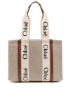 CHLOÉ WOODY CANVAS AND LEATHER TOTE BAG