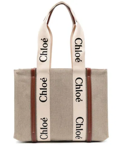 CHLOÉ CHLOÉ WOODY CANVAS AND LEATHER TOTE BAG