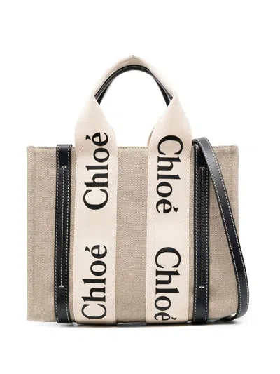 Chloé Woody Canvas And Leather Tote Handbag Handbag In Black