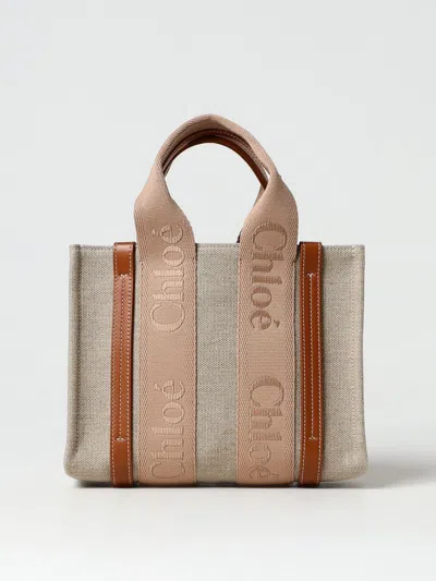 Chloé Woody Canvas Bag With Embroidered Logo In Dove Grey