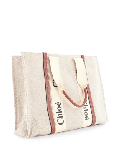 Pre-owned Chloé Woody Canvas With Leather Large Tote Bag In ブラウン