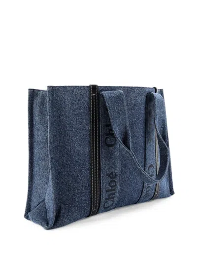 Pre-owned Chloé Woody Canvas With Leather Large Tote Bag In Blue