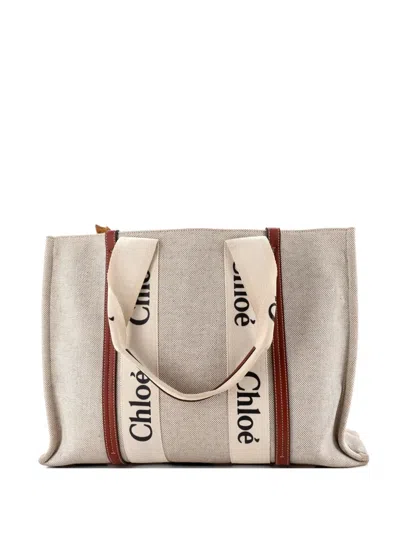 Pre-owned Chloé Woody Canvas With Leather Large Tote Bag In Brown