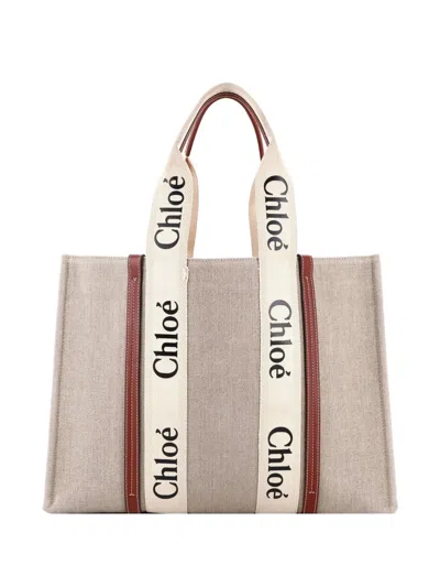 Pre-owned Chloé Woody Canvas With Leather Large Tote Bag In Brown