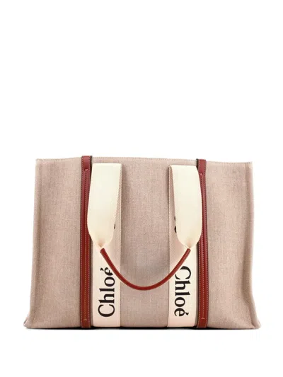 Pre-owned Chloé Woody Canvas With Leather Large Tote Bag In Brown
