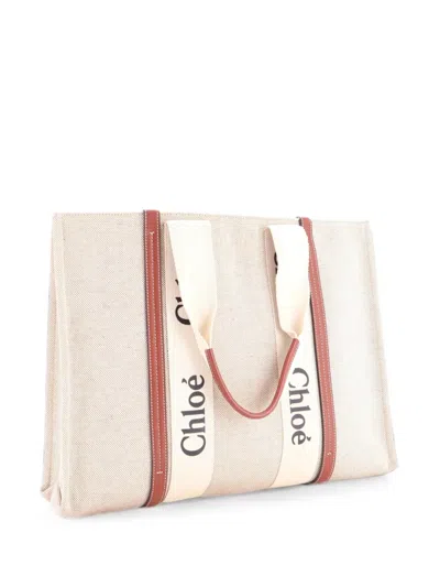 Pre-owned Chloé Woody Canvas With Leather Large Tote Bag In Brown