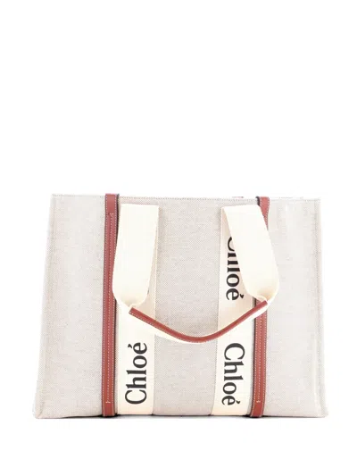 Pre-owned Chloé Woody Canvas With Leather Large Tote Bag In Neutral