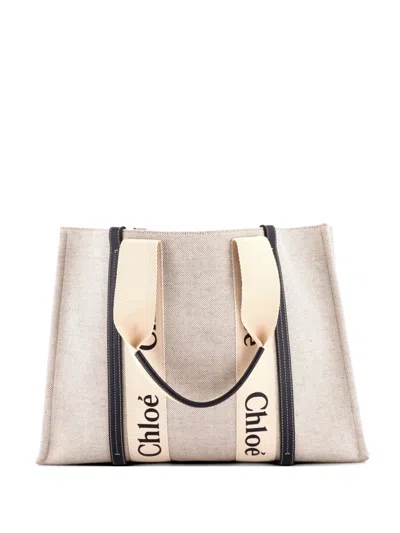 Pre-owned Chloé Woody Canvas With Leather Large Tote Bag In Neutral