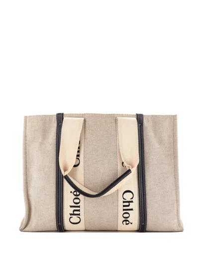 Pre-owned Chloé Woody Canvas With Leather Large Tote Bag In Neutral