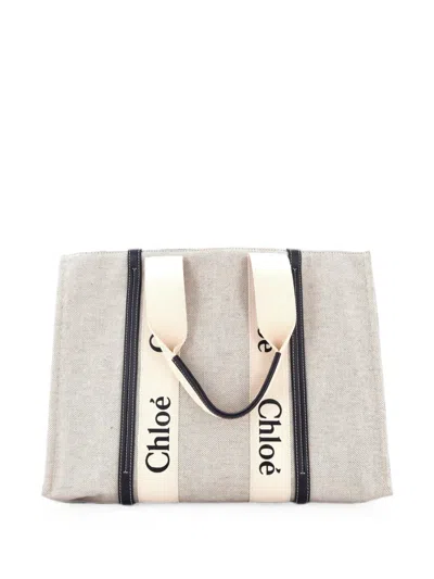 Pre-owned Chloé Woody Canvas With Leather Large Tote Bag In Neutrals