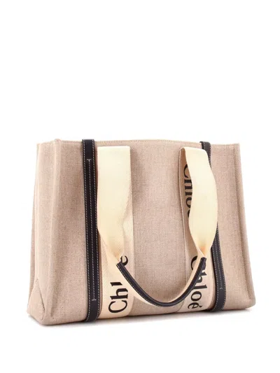 Pre-owned Chloé Woody Canvas With Leather Medium Tote Bag In Blue