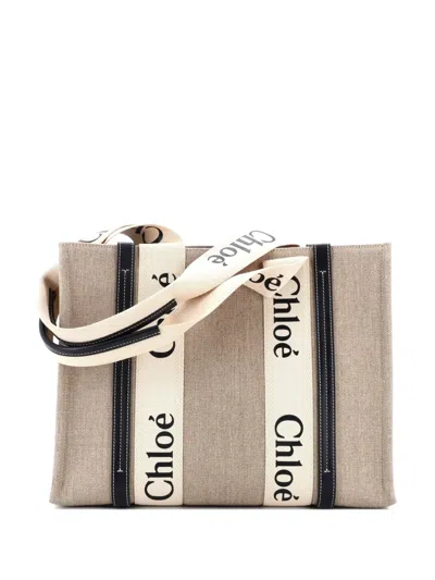 Pre-owned Chloé Woody Canvas With Leather Medium Tote Bag In Blue