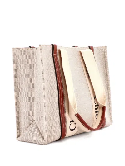 Pre-owned Chloé Woody Canvas With Leather Medium Tote Bag In Brown