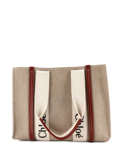 Pre-owned Chloé Woody Canvas With Leather Medium Tote Bag In Brown
