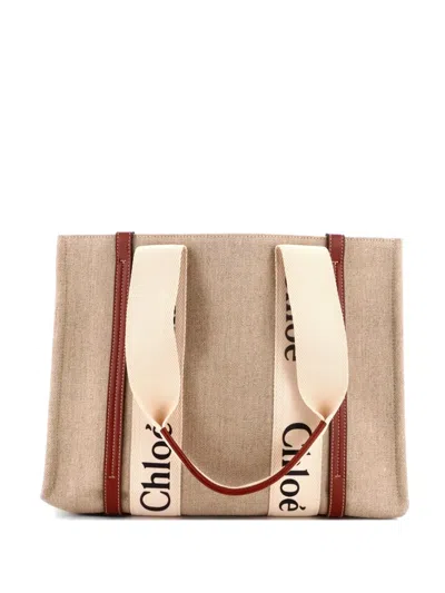 Pre-owned Chloé Woody Canvas With Leather Medium Tote Bag In Brown
