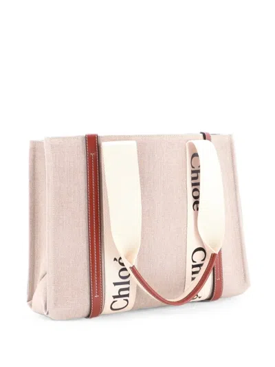 Pre-owned Chloé Woody Canvas With Leather Medium Tote Bag In Brown