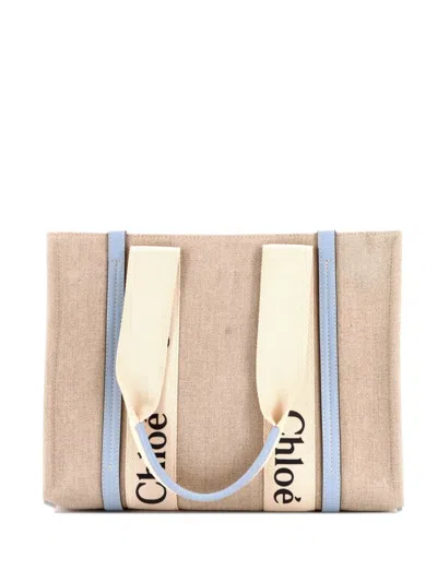 Pre-owned Chloé Woody Canvas With Leather Medium Tote Bag In Neutral