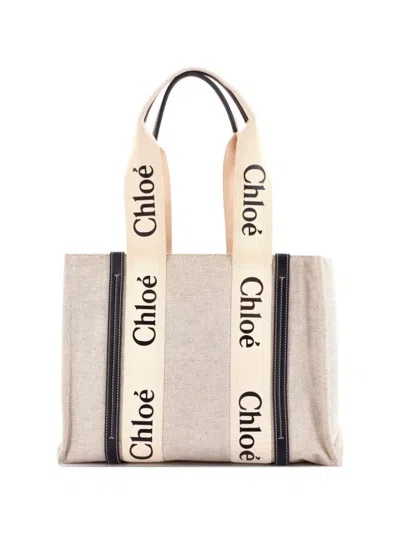 Pre-owned Chloé Woody Canvas With Leather Medium Tote Bag In Neutral
