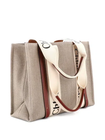 Pre-owned Chloé Woody Canvas With Leather Medium Tote Bag In Neutral