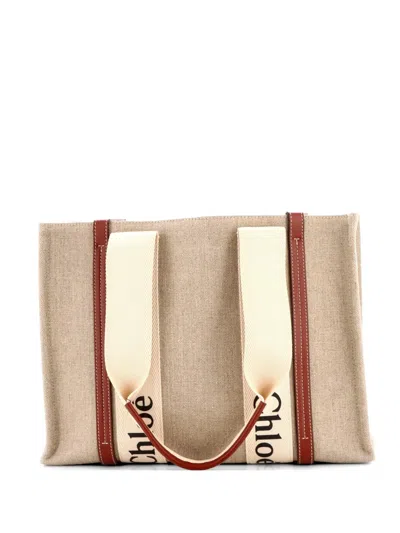 Pre-owned Chloé Woody Canvas With Leather Medium Tote Bag In Neutral