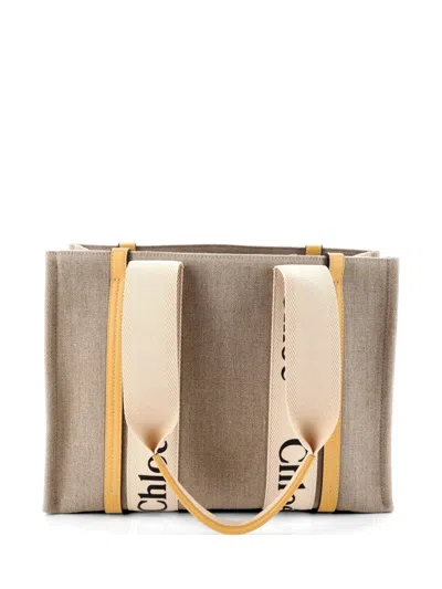 Pre-owned Chloé Woody Canvas With Leather Medium Tote Bag In Neutral