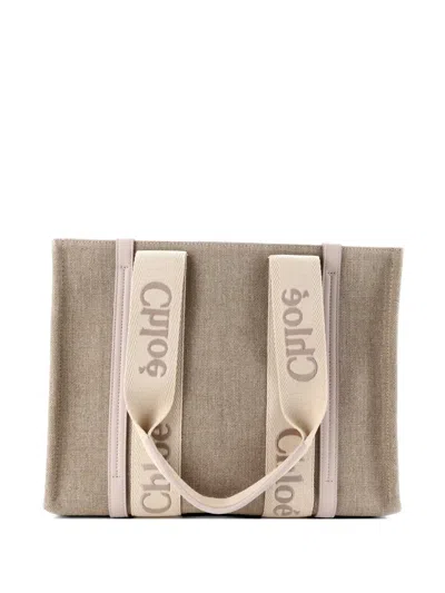 Pre-owned Chloé Woody Canvas With Leather Medium Tote Bag In Neutral