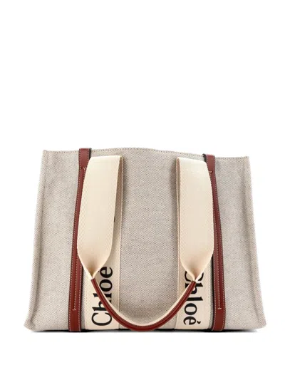 Pre-owned Chloé Woody Canvas With Leather Medium Tote Bag In Neutral