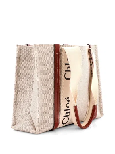 Pre-owned Chloé Woody Canvas With Leather Medium Tote Bag In Neutral