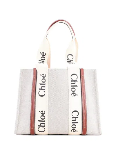 Pre-owned Chloé Woody Canvas With Leather Medium Tote Bag In Neutral