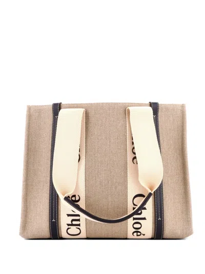Pre-owned Chloé Woody Canvas With Leather Medium Tote Bag In Neutral