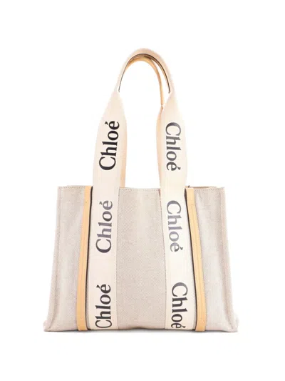 Pre-owned Chloé Woody Canvas With Leather Medium Tote Bag In Neutral