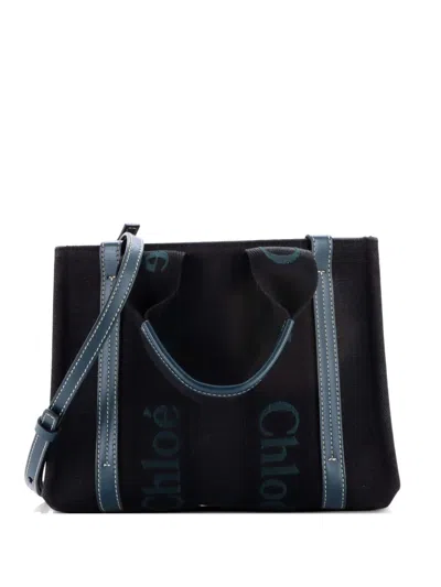 Pre-owned Chloé Woody Canvas With Leather Small Tote Bag In Black