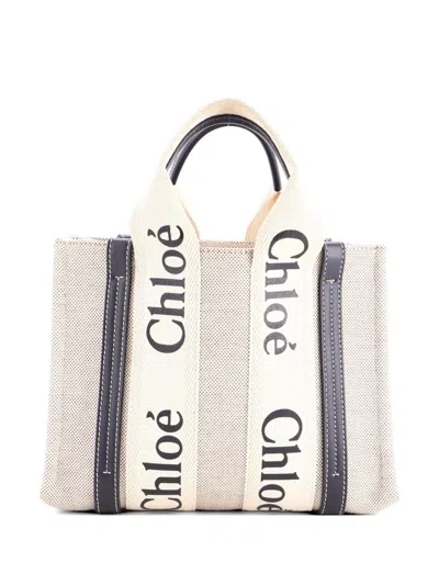 Pre-owned Chloé Woody Canvas With Leather Small Tote Bag In Blue