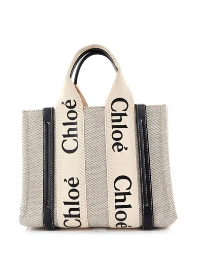Pre-owned Chloé Woody Canvas With Leather Small Tote Bag In Blue
