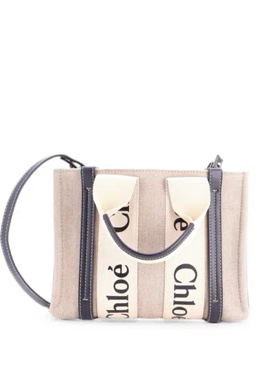 Pre-owned Chloé Woody Canvas With Leather Small Tote Bag In Blue