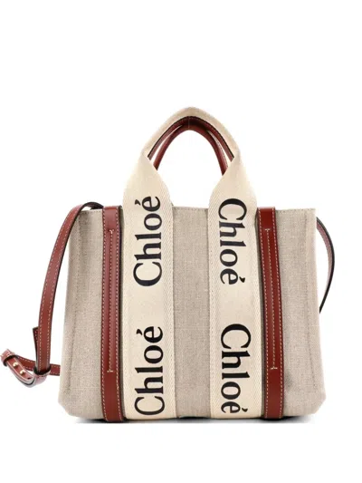 Pre-owned Chloé Woody Canvas With Leather Small Tote Bag In Brown