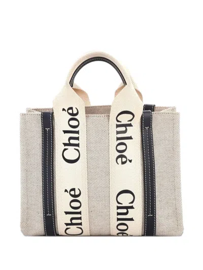 Pre-owned Chloé Woody Canvas With Leather Small Tote Bag In Neutral