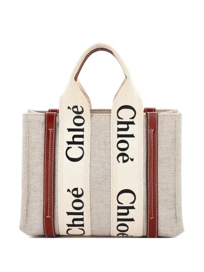 Pre-owned Chloé Woody Canvas With Leather Small Tote Bag In Neutral