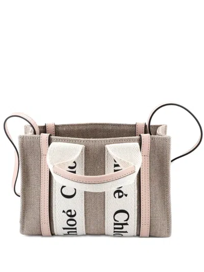Pre-owned Chloé Woody Convertible Canvas With Leather Mini Tote Bag In Neutral
