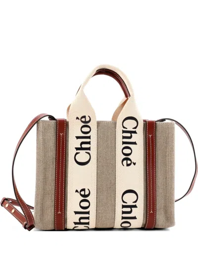 Pre-owned Chloé Woody Convertible Canvas With Leather Small Tote Bag In Brown