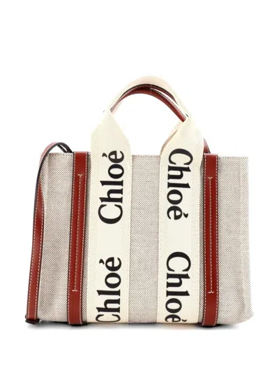 Pre-owned Chloé Woody Convertible Canvas With Leather Small Tote Bag In Neutral