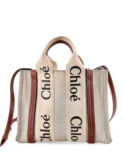 Pre-owned Chloé Woody Convertible Canvas With Leather Small Tote Bag In Neutral