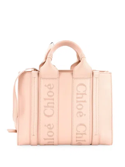 Pre-owned Chloé Woody Convertible Leather Small Tote Bag In Neutral