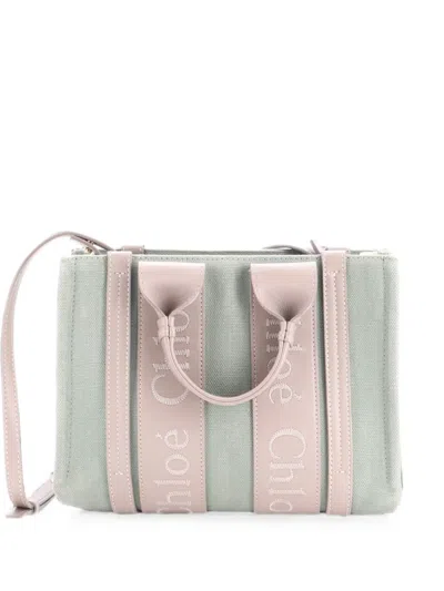 Pre-owned Chloé Woody Convertible Linen And Leather Small Tote Bag In Gray