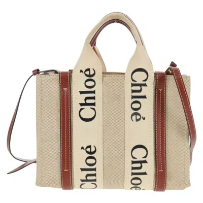 Pre-owned Chloé Chloe Woody Convertible Tote Canvas With Leather Beige Canvas Tote Bag Bag () In Sand