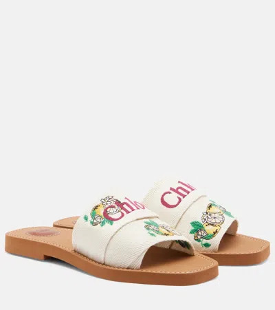 Chloé Woody Embroidered Linen Slides In White